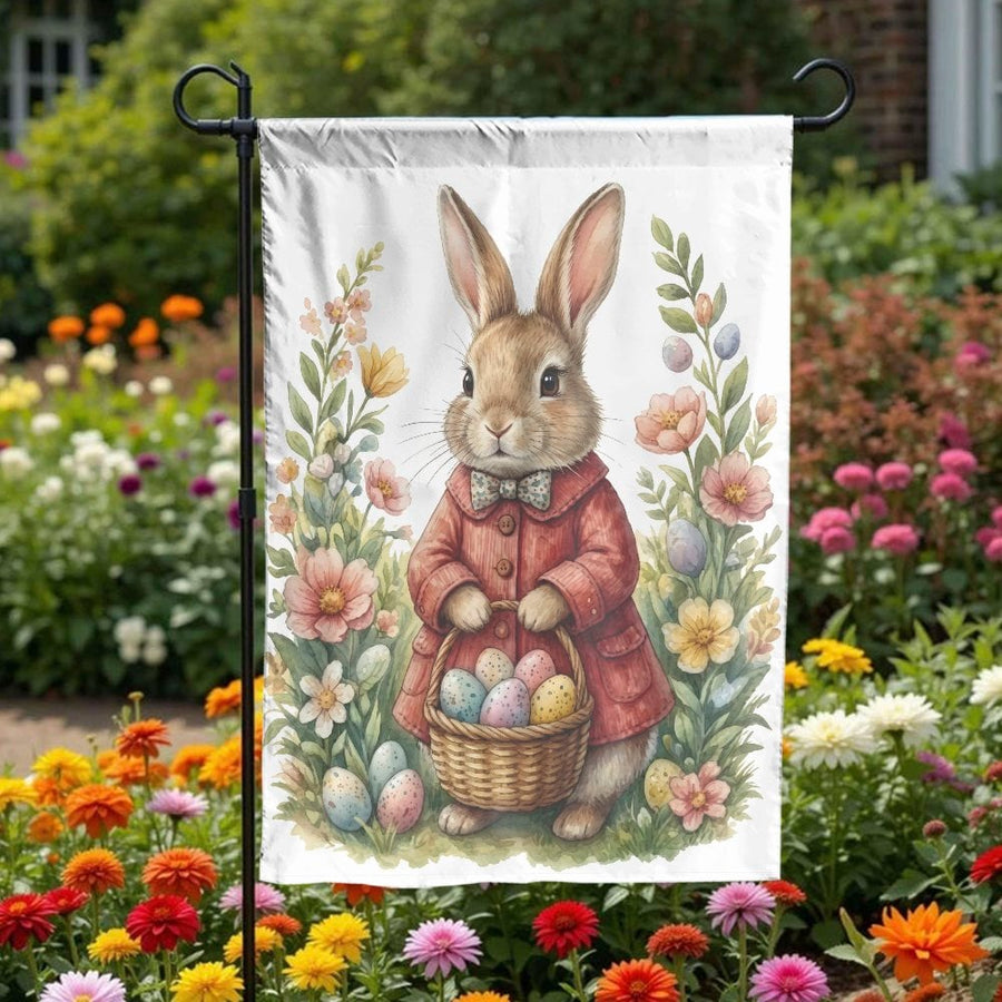 Easter Bunny Garden Flag | Watercolor Rabbit with Egg Basket | Double-Sided Premium Polyester | Outdoor Spring Decor Gift