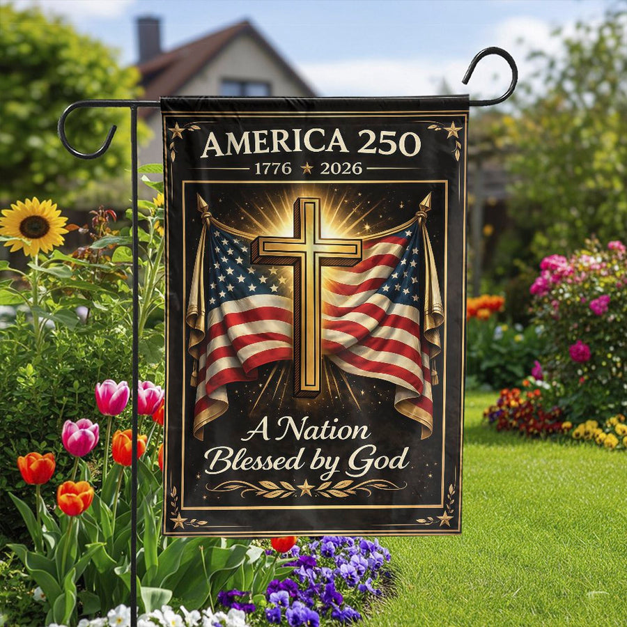 America 250 Garden Flag | Christian Cross & US Flag Design | Weather Resistant Double Sided Polyester | Commemorative Patriotic Gift for Yard Decor