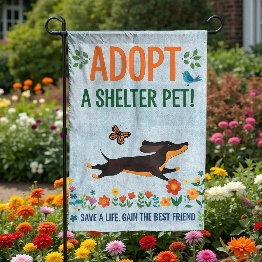 Adopt a Shelter Pet Garden Flag | Cute Dachshund Dog Decor | Double Sided Weather Resistant Polyester | Yard Sign Gift for Dog Lovers