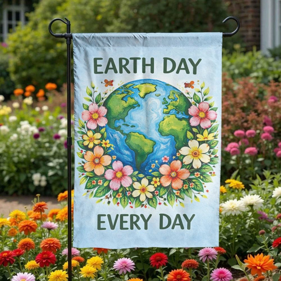 Earth Day Every Day Garden Flag | Floral Planet Illustration | Premium Double Sided Weatherproof Banner | Eco Friendly Yard Art & Gardener Gift