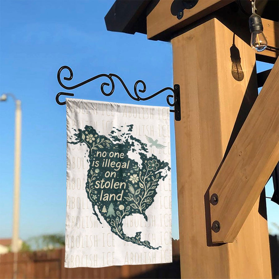 No One Is Illegal Garden Flag | Floral North America Map Art | Weather Resistant Double Sided Banner | Social Justice Activist Gift