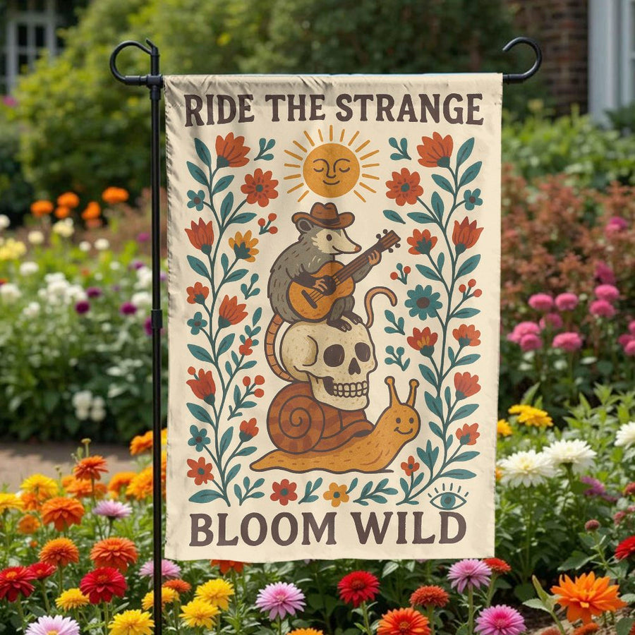 Funny Possum Garden Flag | Ride The Strange Retro Opossum & Skull Design | Double Sided Weather-Resistant Fabric | Unique Outdoor Yard Decor Gift