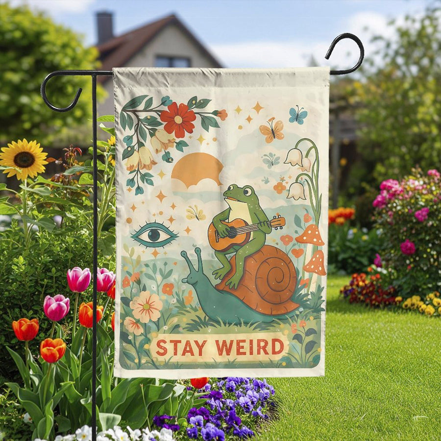 Stay Weird Frog Garden Flag | Retro Frog Playing Guitar on Snail | Weather-Resistant Double Sided Banner | Funny Yard Decor Gift for Gardener