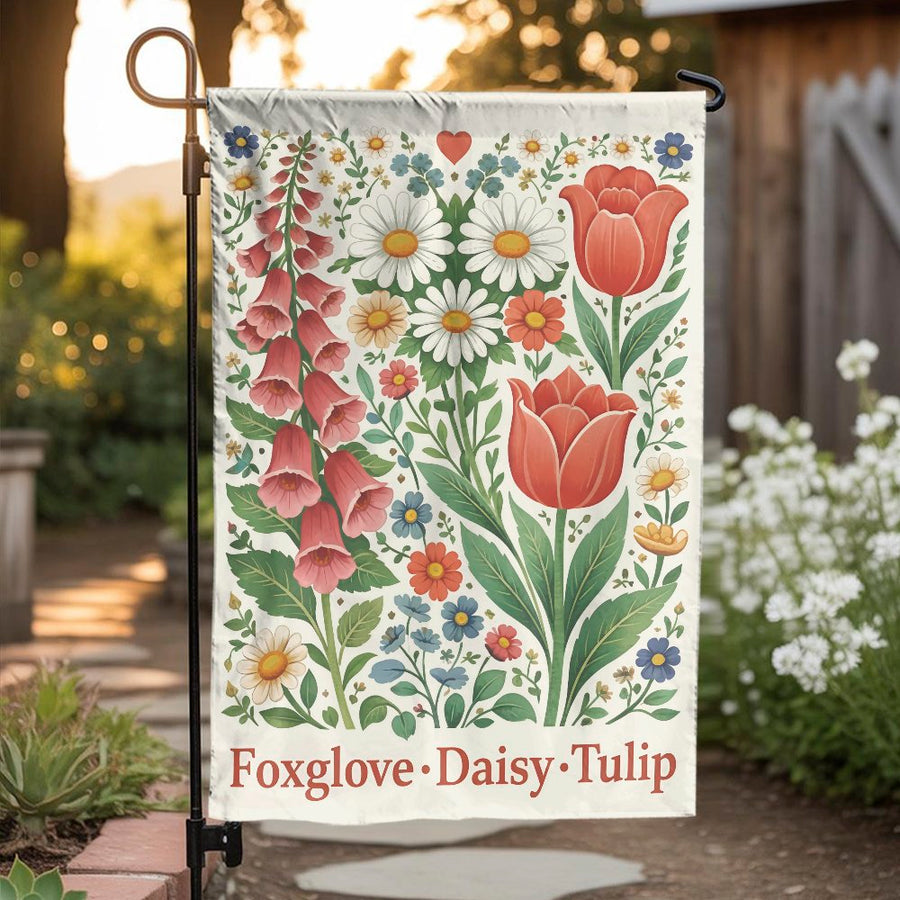 Vintage Floral Garden Flag | Double Sided Botanical Illustration with Foxglove & Tulip | Weather Resistant Polyester | Spring Welcome Sign & Gardener Gift for Farmhouse Decor