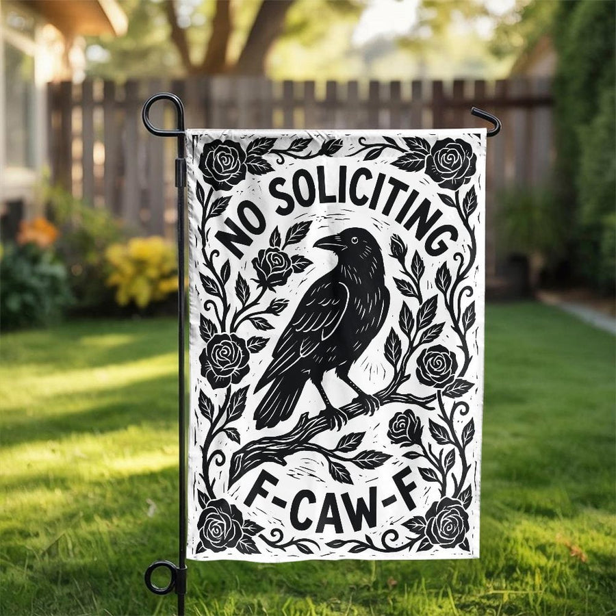 No Soliciting Garden Flag | Funny Crow Raven Linocut Art Sign | Double Sided Weather Resistant | F-Caw-F Front Porch Decor Gift