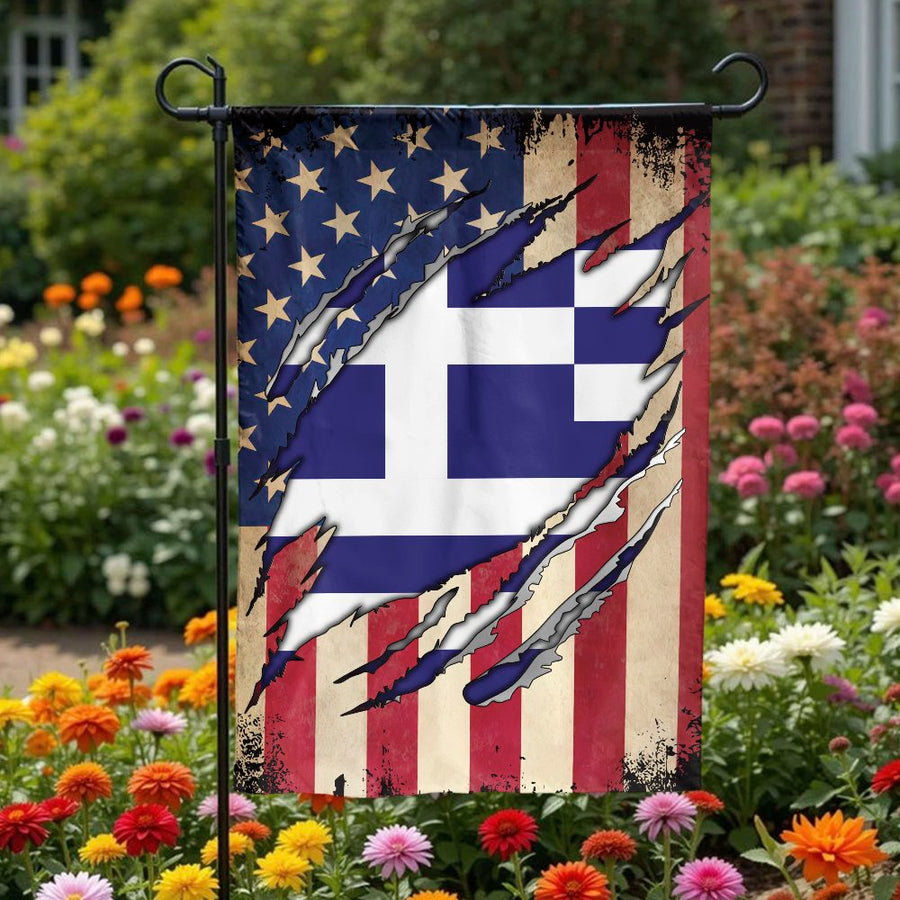 Greek American Garden Flag | Vintage Ripped USA & Greece Design | Weather Resistant Double Sided Polyester | Proud Greek Heritage Gift for Home