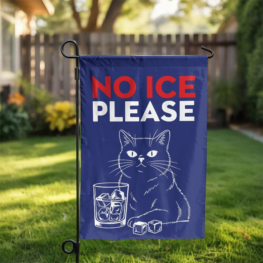 Funny Cat Garden Flag | 'No Ice Please' Whiskey Cat Design | Double Sided Polyester | Unique Outdoor Decor Gift for Cat Lovers