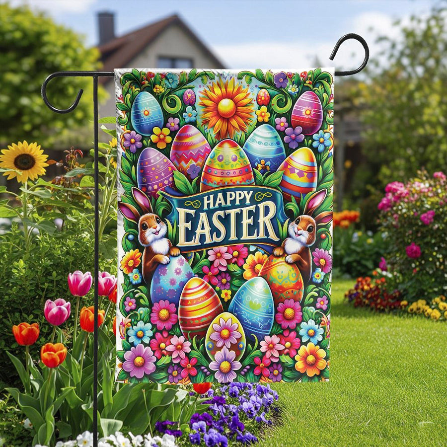 Happy Easter Garden Flag | Vibrant Bunny & Egg Hunt Design | Double Sided Weather Resistant | Spring Holiday Yard Decor