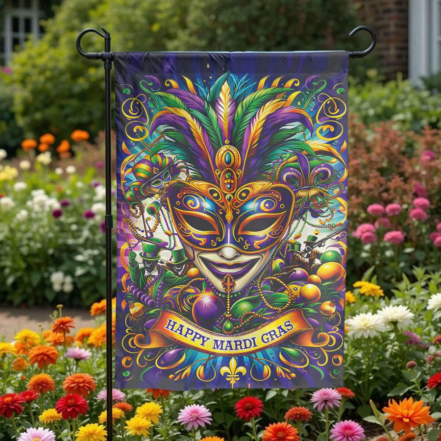 Mardi Gras Garden Flag | Colorful Masquerade Mask Design | Double Sided Weather-Resistant Fabric | Festive New Orleans Yard Decor