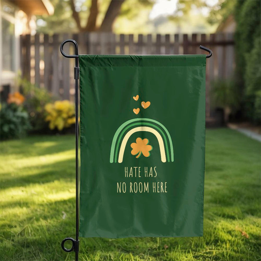 St Patricks Day Garden Flag | Hate Has No Room Here Shamrock Rainbow | Double Sided Weatherproof | Inclusive Welcome Porch Decor Gift