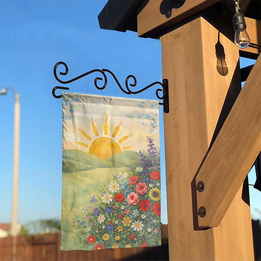 Watercolor Wildflower Garden Flag | Sunrise Over Rolling Hills Art | Premium Double Sided Polyester | Seasonal Outdoor Decor Gift