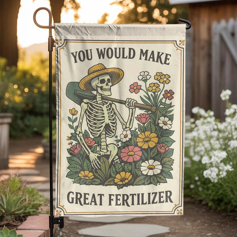 Funny Skeleton Garden Flag | Retro 'Great Fertilizer' Design | Double Sided Polyester Banner | Sarcastic Gardener Gift & Funny Yard Decor