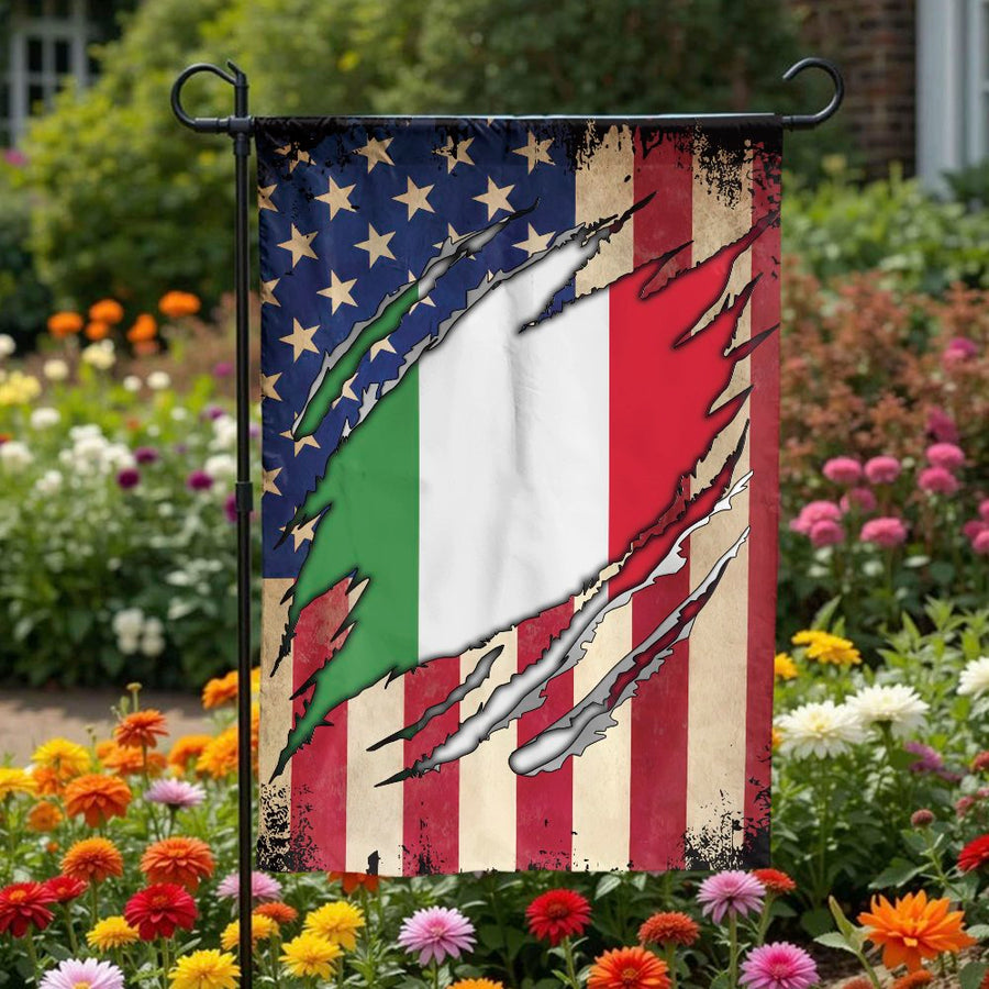 Italian American Garden Flag | Vintage Torn US Flag with Italian Roots | Weather-Resistant Yard Decor | Patriotic Gift for Italian Americans