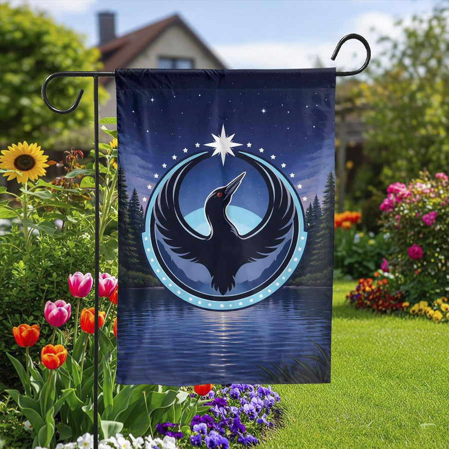 Mystic Loon Garden Flag | Celestial Bird Emblem over Lake Scene | Double-Sided Weatherproof Fabric | Outdoor Yard & Patio Decor Gift