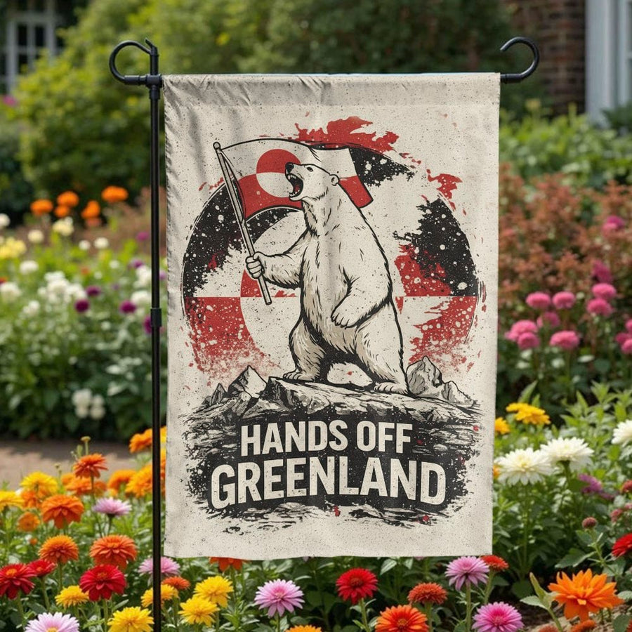 Hands Off Greenland Garden Flag | Retro Polar Bear Political Art | Double Sided Polyester | Outdoor Greenlandic Pride Banner & Unique Gift