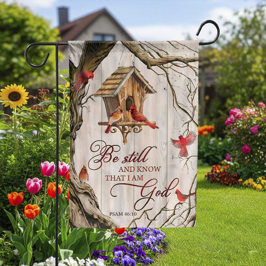 Psalm 46:10 Christian Garden Flag | Red Cardinal Birds & Birdhouse | Weather-Resistant Double Sided Polyester | Inspirational Yard Decor Gift