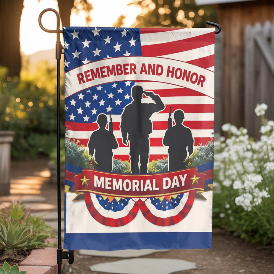Memorial Day Garden Flag | Remember and Honor Soldier Silhouette | Double Sided Weather Resistant Fabric | Commemorative Yard Decor for Veterans