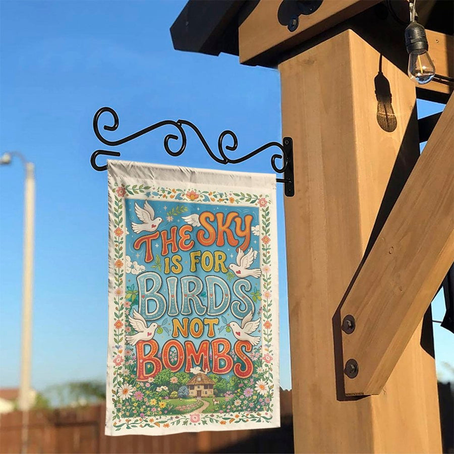 Anti War Garden Flag | Sky Is For Birds Not Bombs Retro Art | Double Sided Weather Resistant | Activist Yard Decor Gift