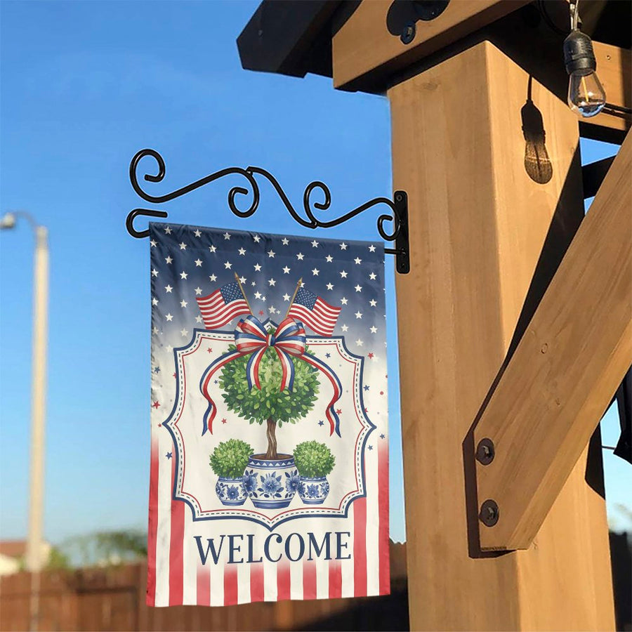 Patriotic Welcome Garden Flag | Stars and Stripes Topiary Design | Double Sided Weather Resistant | 4th of July Memorial Day Outdoor Decor