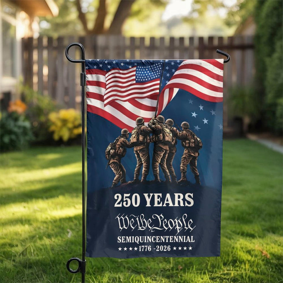 We The People Garden Flag | 250th Anniversary Semiquincentennial Design | Double Sided Weather-Resistant Fabric | Commemorative Patriotic Yard Decor Gift