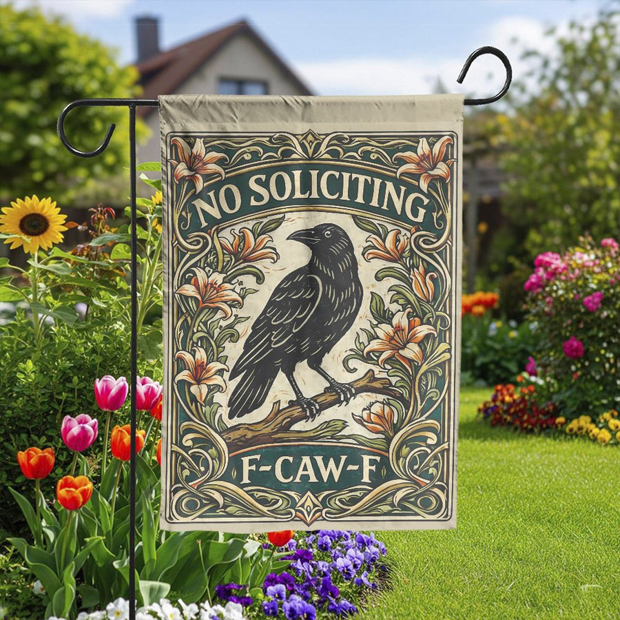 Funny No Soliciting Garden Flag | Vintage Art Nouveau Crow Design | Double Sided Weather Resistant Fabric | Unique Outdoor Yard Decor & Housewarming Gift