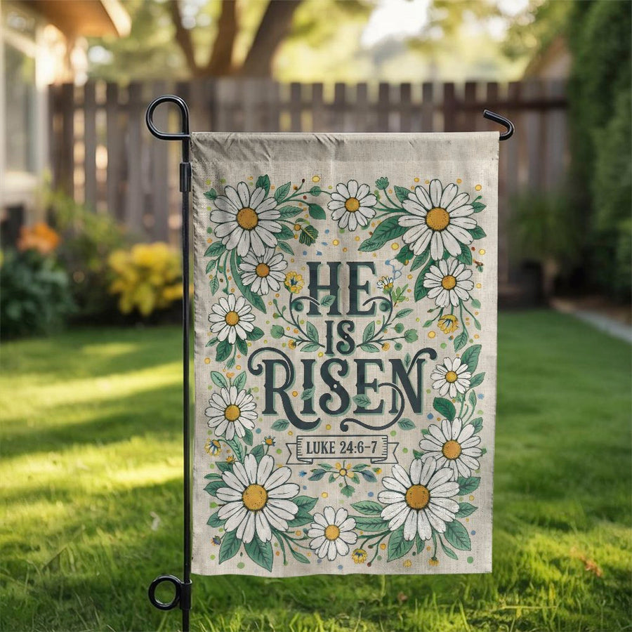 He Is Risen Garden Flag | Floral Daisy Wreath Scripture Verse | Double-Sided Weather-Resistant Fabric | Christian Easter Outdoor Decoration Gift