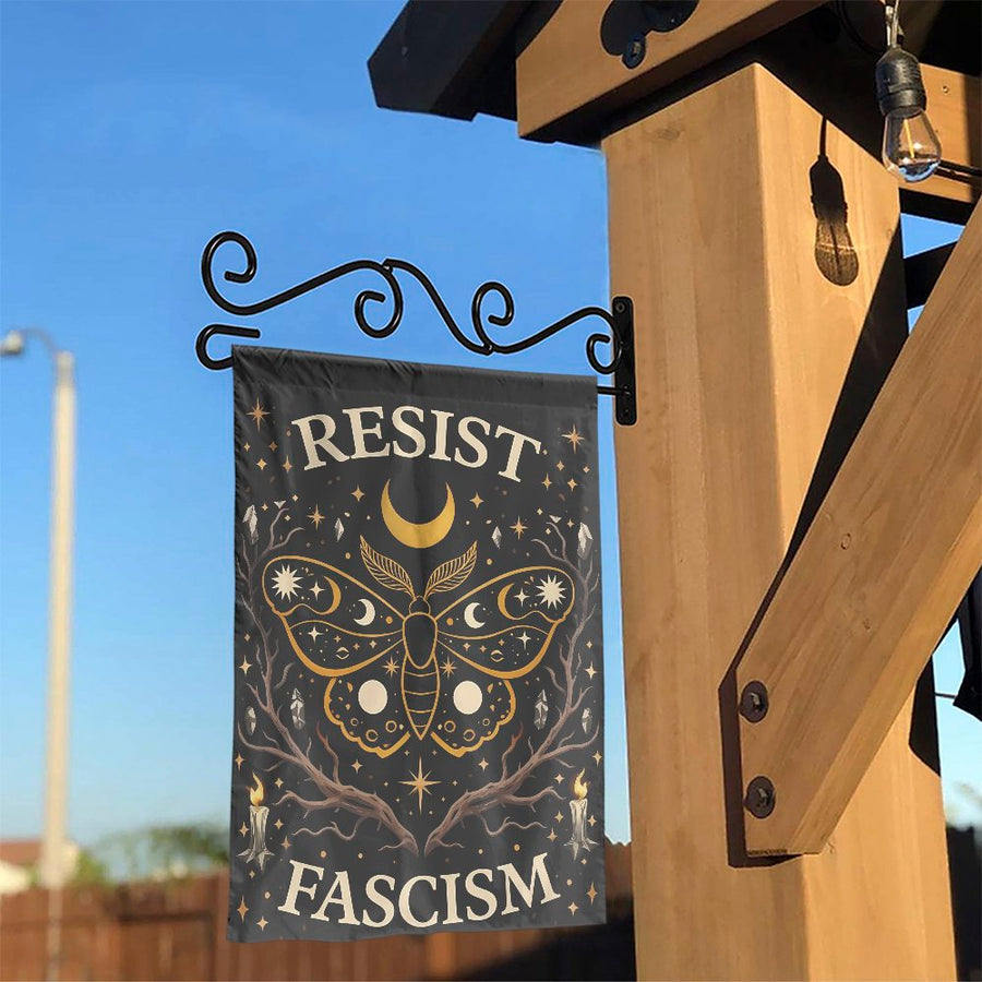 Resist Fascism Garden Flag | Mystical Celestial Moth Art | Double Sided Polyester | Political Activist Gift & Yard Decor