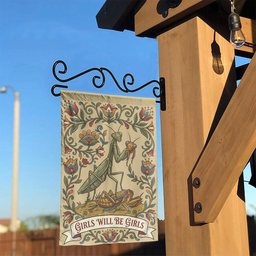Praying Mantis Garden Flag | Funny "Girls Will Be Girls" Quote | Vintage Floral Insect Art | Double Sided Yard Decor Gift for Her