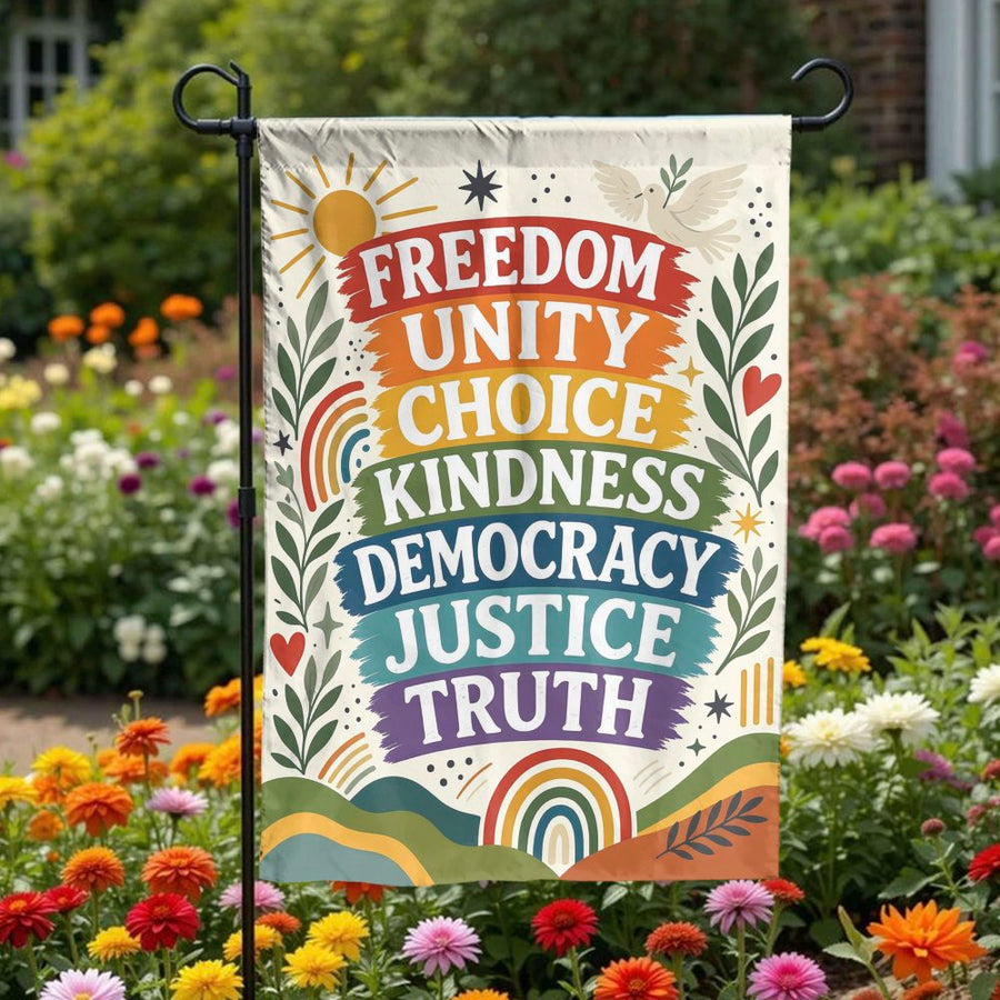 Inspirational Garden Flag | Rainbow of Kindness & Freedom Words | Weather-Resistant Polyester | Premium Progressive Yard Decor