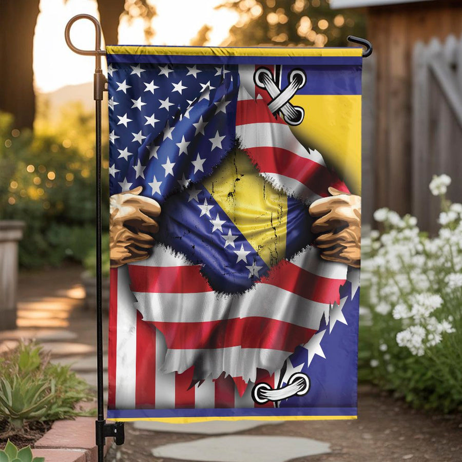 Bosnian American Garden Flag | Ripped USA Flag Heritage Design | Double-Sided Weather Resistant Fabric | Patriotic Yard Decor Gift for Bosnians
