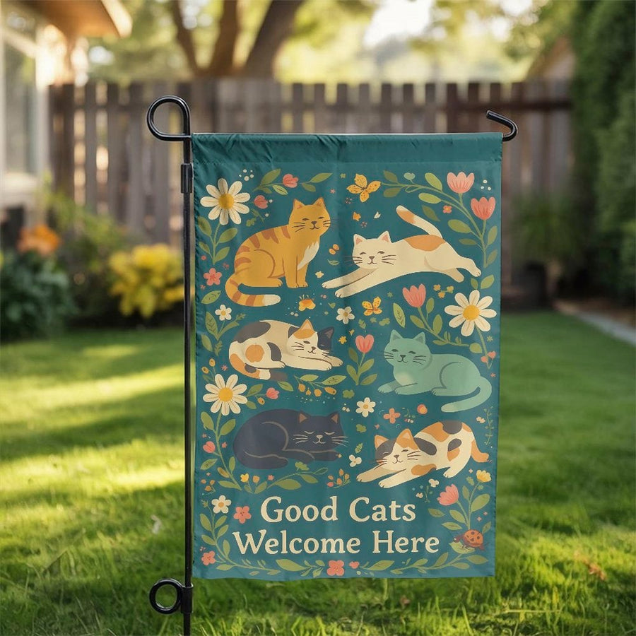 Cute Cats Garden Flag | Good Cats Welcome Here Sign | Premium Double Sided Polyester | Gift for Cat Lover Yard & Patio Decor