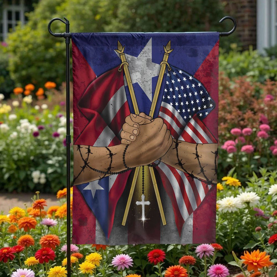 Puerto Rican American Unity Garden Flag | Boricua Pride Handshake Art | Weather Resistant Polyester | Patriotic Yard Decor Gift