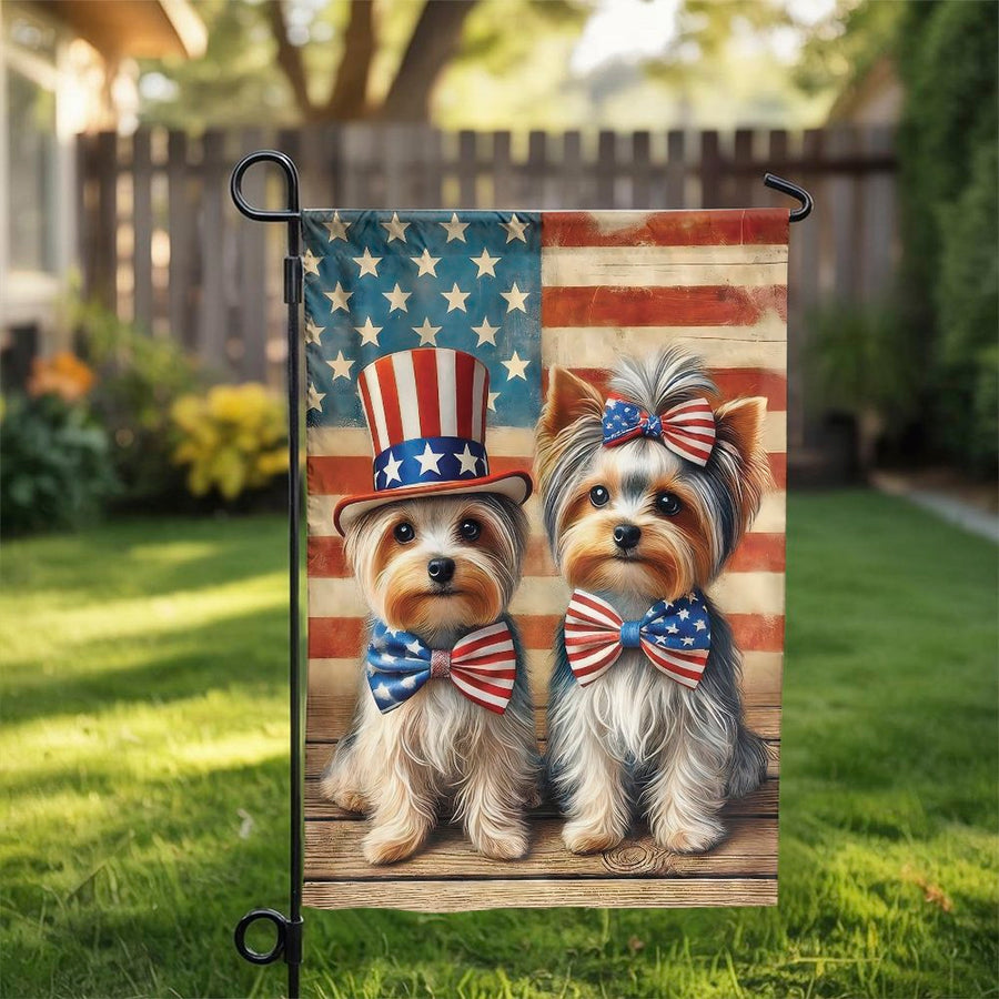 Patriotic Yorkie Garden Flag | Cute American Flag Dog Design | Weather-Resistant Polyester | 4th of July Decor Gift for Yorkie Owners