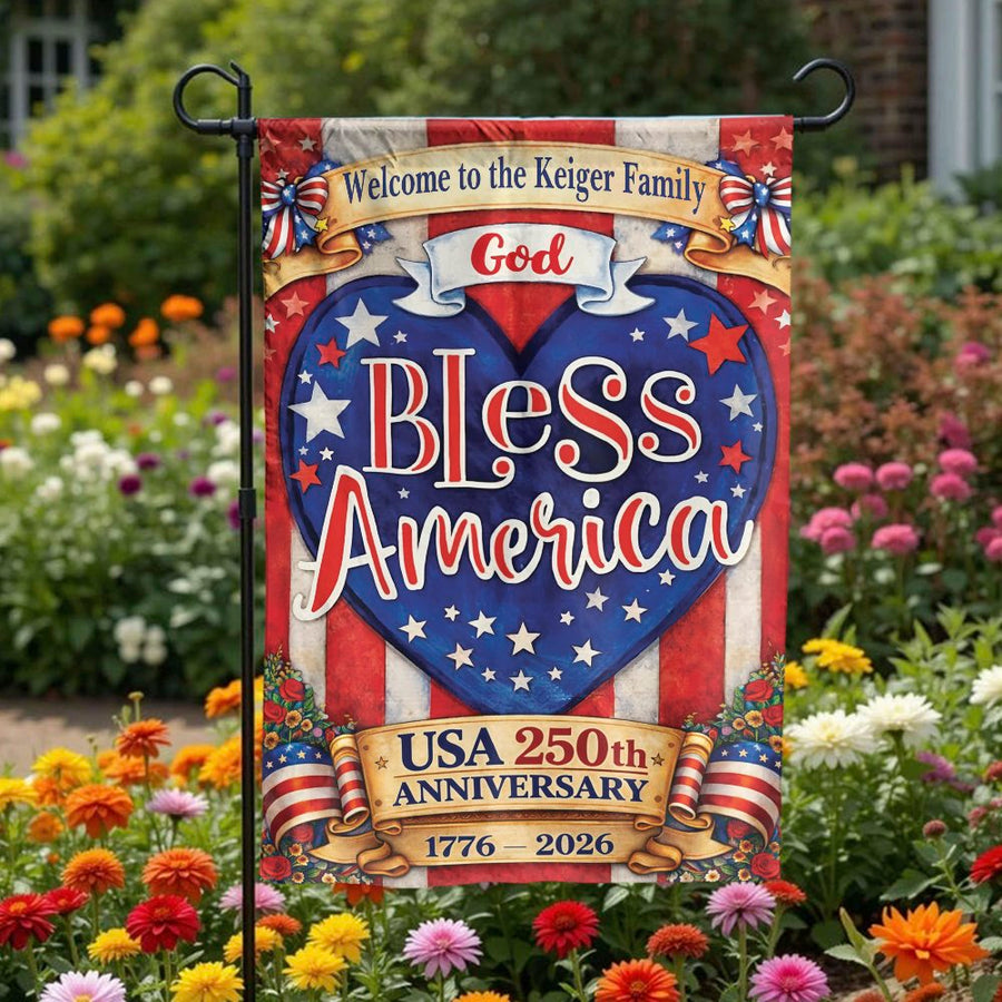 USA 250th Anniversary Garden Flag | God Bless America Heart Design | Double Sided Weatherproof Yard Banner | Commemorative Patriotic Home Decor Gift