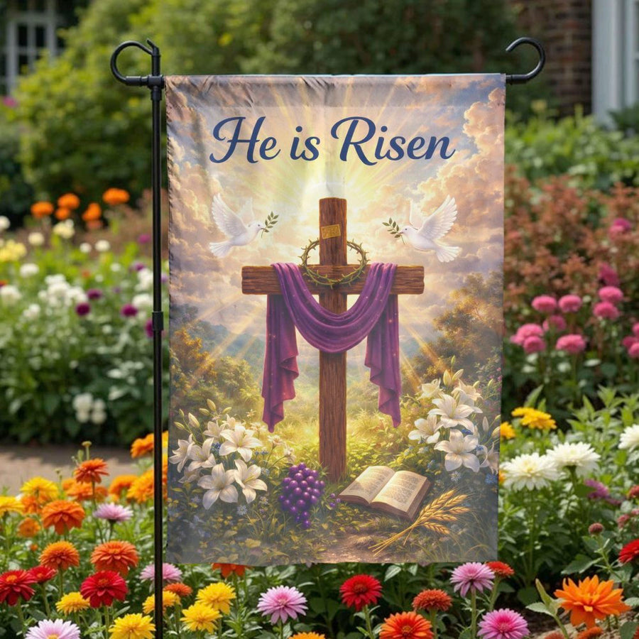 He Is Risen Garden Flag | Double Sided Christian Easter Decor | Weather Resistant Polyester | Religious Yard Art Gift