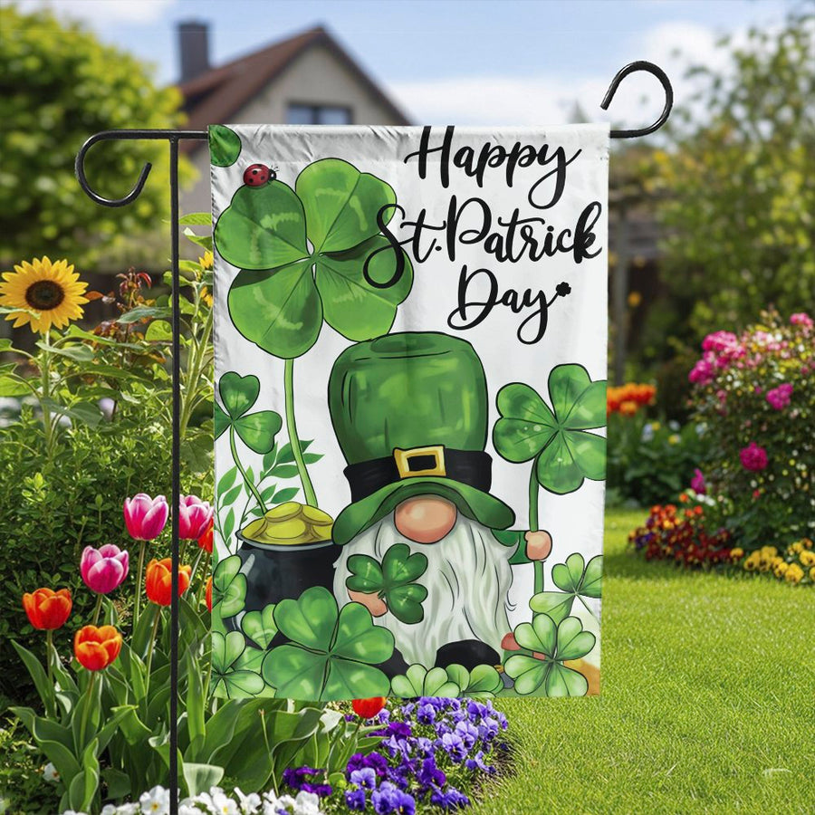 Happy St Patricks Day Garden Flag | Cute Gnome with Shamrocks & Pot of Gold | Double Sided Polyester | Seasonal Outdoor Yard Decor