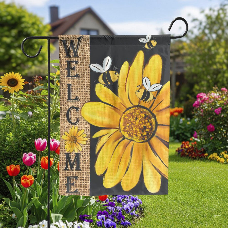 Welcome Sunflower Garden Flag | Rustic Bee & Burlap Print | Double Sided Polyester | Spring Summer Yard & Patio Decoration