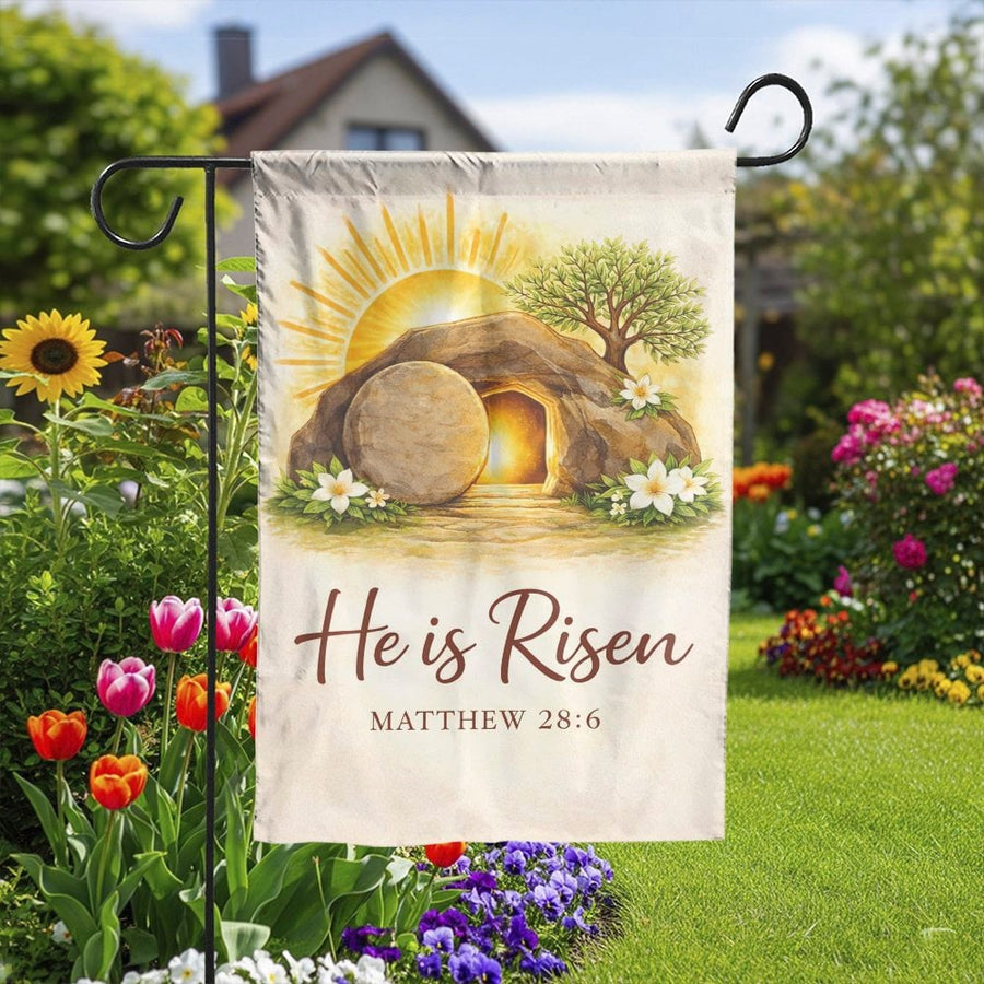 He Is Risen Garden Flag | Christian Empty Tomb Watercolor Art | Weather Resistant Outdoor Decor | Religious Easter Yard Gift