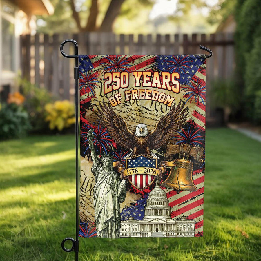 USA 250th Anniversary Garden Flag | Vintage Patriotic Eagle & Liberty Bell Art | Weather Resistant Double Sided | Commemorative Yard Decor Gift for Patriots