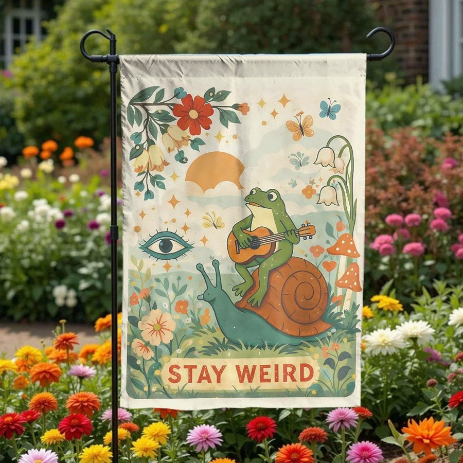 Stay Weird Frog Garden Flag | Retro Frog Playing Guitar on Snail | Weather-Resistant Double Sided Banner | Funny Yard Decor Gift for Gardener
