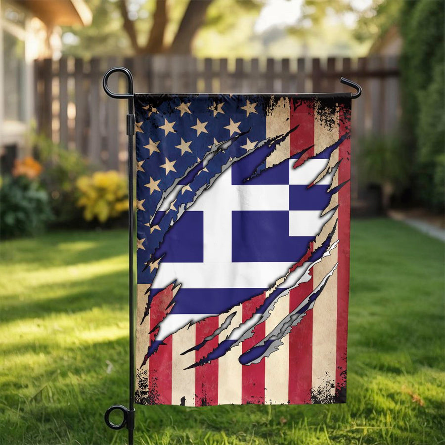 Greek American Garden Flag | Vintage Ripped USA & Greece Design | Weather Resistant Double Sided Polyester | Proud Greek Heritage Gift for Home