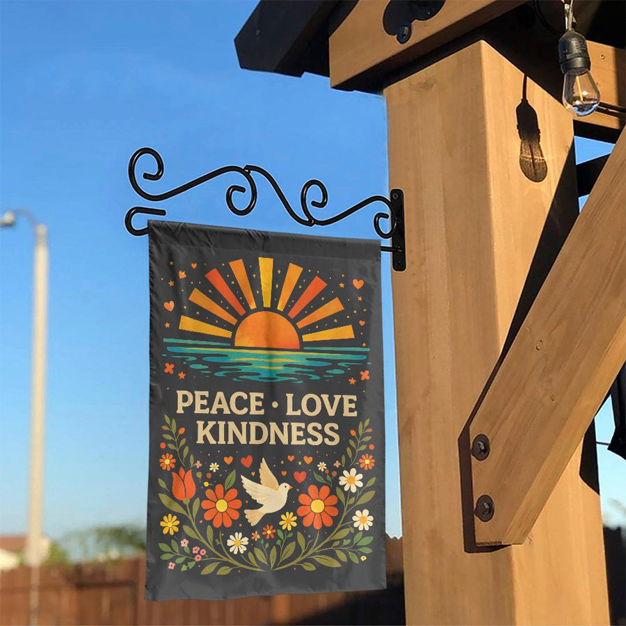 Peace Love Kindness Garden Flag | Retro 70s Floral & Dove Design | Double-Sided Weather-Resistant Fabric | Inspirational Yard Decor Gift