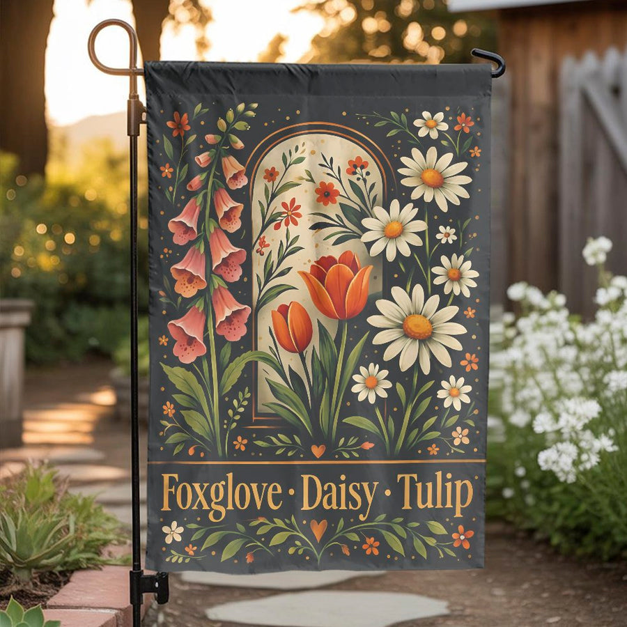 Vintage Floral Garden Flag | Foxglove Daisy Tulip Botanical Print | Double-Sided Weatherproof Banner | Outdoor Decor Gift for Gardeners