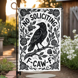 No Soliciting Garden Flag | Funny Crow Raven Linocut Art Sign | Double Sided Weather Resistant | F-Caw-F Front Porch Decor Gift