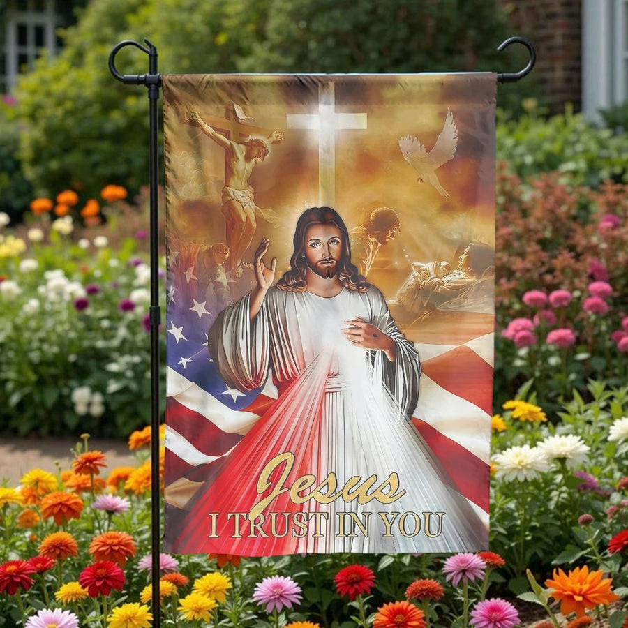 Christian Garden Flag | Jesus I Trust In You with American Flag | Weather Resistant Double Sided Polyester | Inspirational Faith Gift for Yard Decor