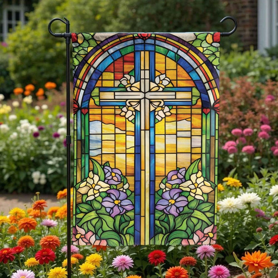 Stained Glass Christian Cross Garden Flag | Vibrant Church Window Art Print | Double-Sided Weather Resistant Fabric | Faith-Based Yard Decor Gift for Easter