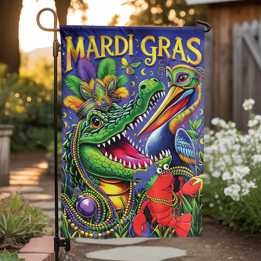 Mardi Gras Garden Flag | Alligator, Pelican & Crawfish Design | Double Sided Polyester | New Orleans Seasonal Yard Decor