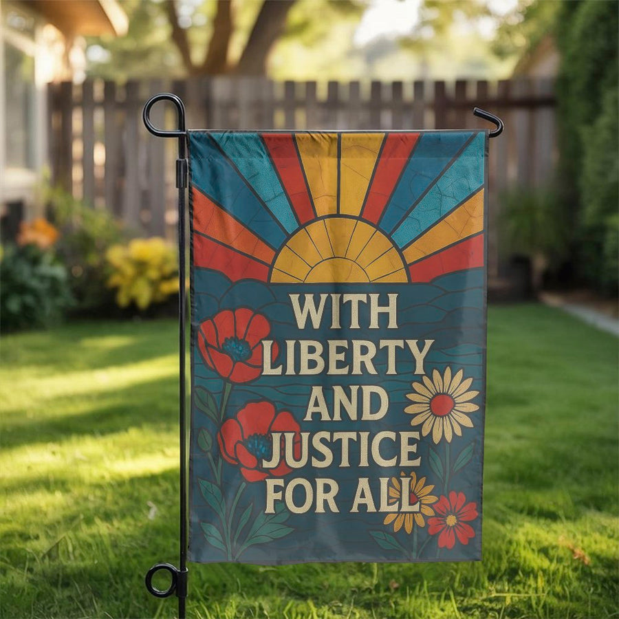 Liberty and Justice For All Garden Flag | Retro Floral Sunburst Design | Weather-Resistant Double Sided | Premium Patriotic Yard Decor