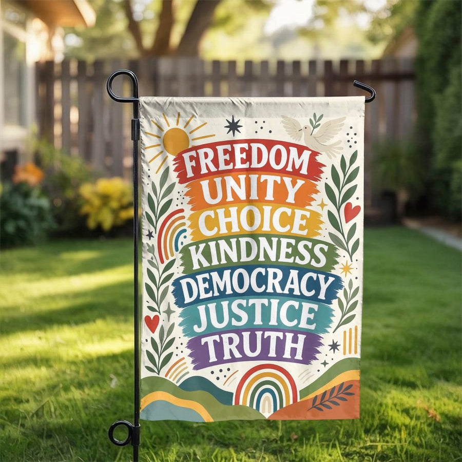 Inspirational Garden Flag | Rainbow of Kindness & Freedom Words | Weather-Resistant Polyester | Premium Progressive Yard Decor