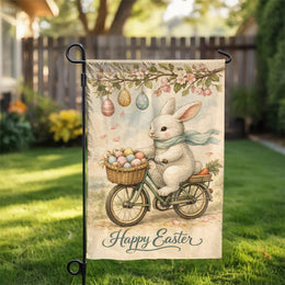 Happy Easter Garden Flag | Vintage Bunny on Bicycle Illustration | Double-Sided Weather Resistant | Outdoor Spring Yard Decor Gift